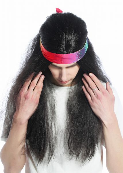 Perücke Stirnband lang schwarz Hippie 70er Modell: CW-028-P1